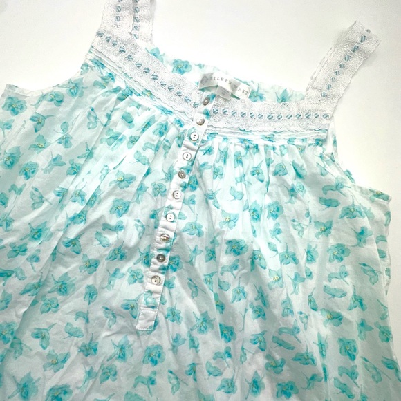 Eileen West Nightgown M Blue Green Floral Cotton Lace Neck Trim Pullover - Picture 1 of 3